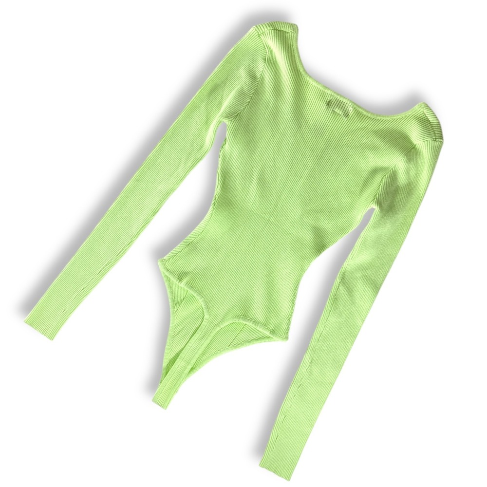 Chic & Honey‎ Lime Green Ribbed Long Sleeve Square Neck Bodysuit OS